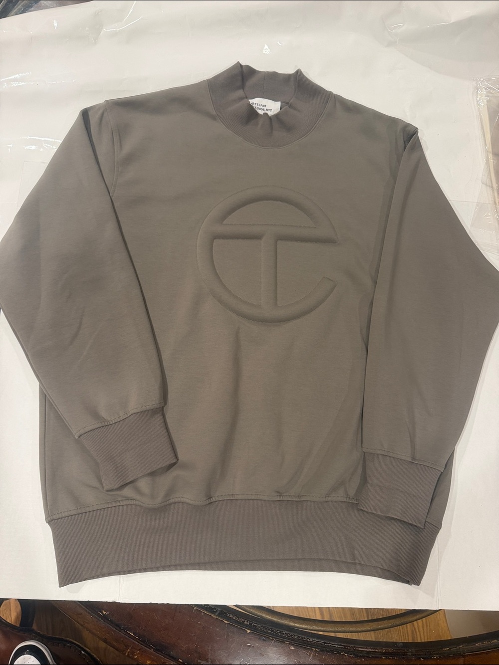 Telfar Taupe Embossed Logo Crewneck Sweater
